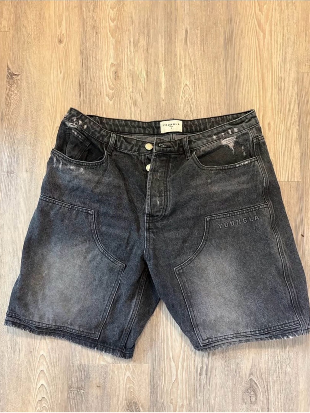 YoungLA Washed Black Denim Carpenter Shorts